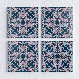 Azulejo De Cerâmica Ornate Floral Filigree Tile in Midnight Blue