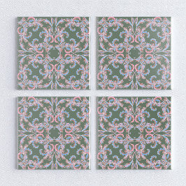Azulejo De Cerâmica Ornate Floral Filigree Tile in Slate Green