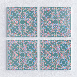 Azulejo De Cerâmica Ornate Floral Filigree Tile in Teal Blue
