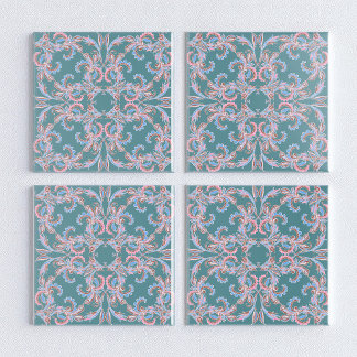 Azulejo De Cerâmica Ornate Floral Filigree Tile in Teal Blue