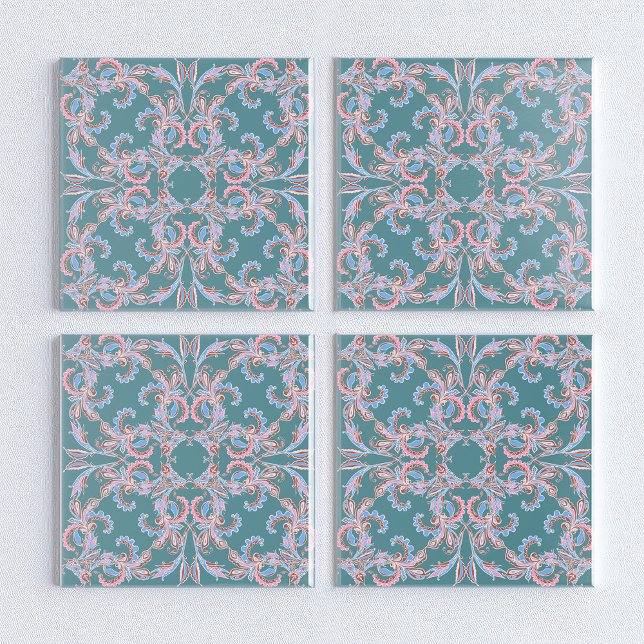 Azulejo De Cerâmica Ornate Floral Filigree Tile in Teal Blue (Criador carregado)