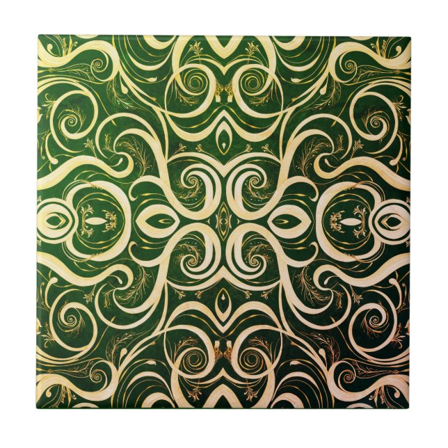 Azulejo De Cerâmica Ornate Green and Gold Tile Design (Frente)