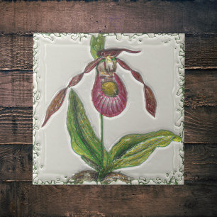 Azulejo De Cerâmica Orquídea Botânica Vintage Dark Red Lady Slipper
