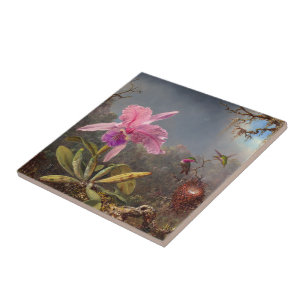 Azulejo De Cerâmica Orquídea Cattleya e três beija-flores por Heade