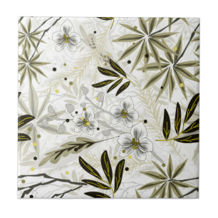 Azulejo De Cerâmica Orquídeas brancas com folhas tropicais de oliveira