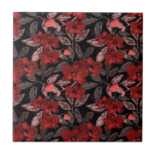 Azulejo De Cerâmica Orquídeas vermelhas em preto.