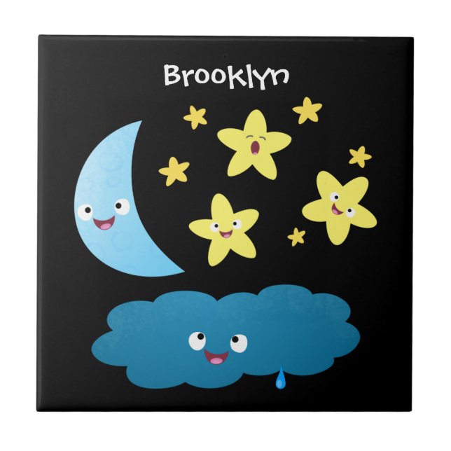 Azulejo De Cerâmica Ótimas estrelas cantoras, lua e desenhos em nuvem (Frente)