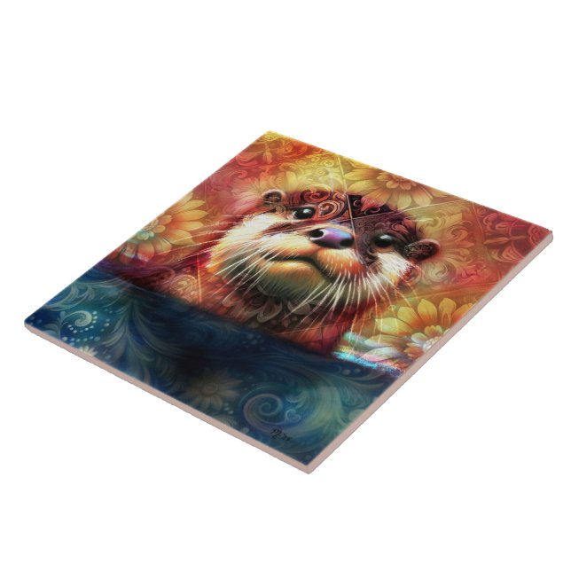 Azulejo De Cerâmica Otter Abstrato Floral Teal Laranja Vermelho Laranj (Lateral)