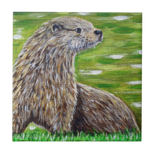 Azulejo De Cerâmica Otter sobre uma pintura na margem de um rio