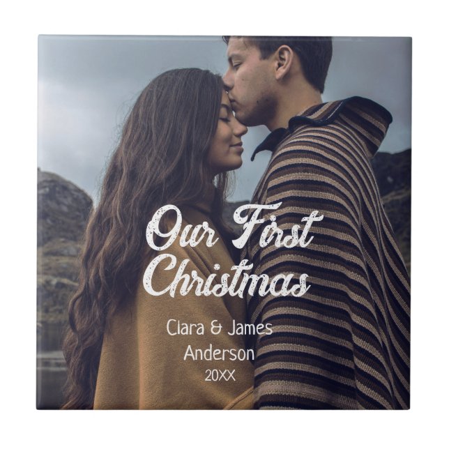 Azulejo De Cerâmica Our first Christmas couple photo name white gray (Frente)