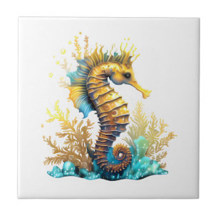 Azulejo De Cerâmica Ouro azul de fantasia do cavalo sob o mar