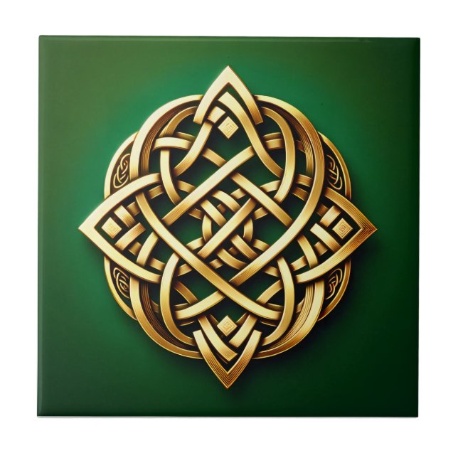 Azulejo De Cerâmica Ouro Celtic Knot on Green (Frente)