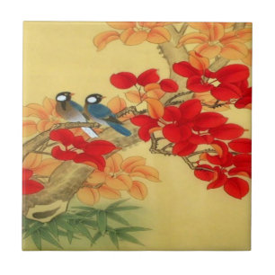 Azulejo De Cerâmica Ouro chinês e floral vermelho