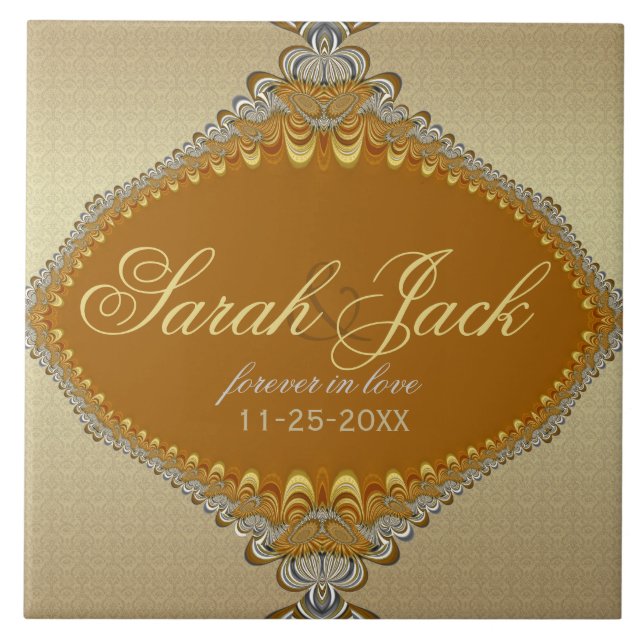 Azulejo De Cerâmica Ouro Damask Fractal Lace Casamento Keepsael (Frente)