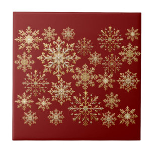 Azulejo De Cerâmica Ouro de Natal e Floco de Neve Vermelho