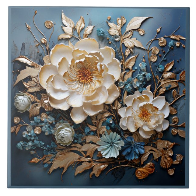 Azulejo De Cerâmica Ouro decorativo e design floral azul-lacrimogêneo (Frente)