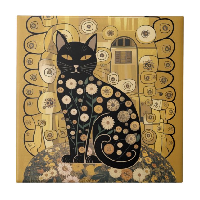 Azulejo De Cerâmica Ouro Decorativo Gustav Klimt Estilo preto de Gato (Frente)