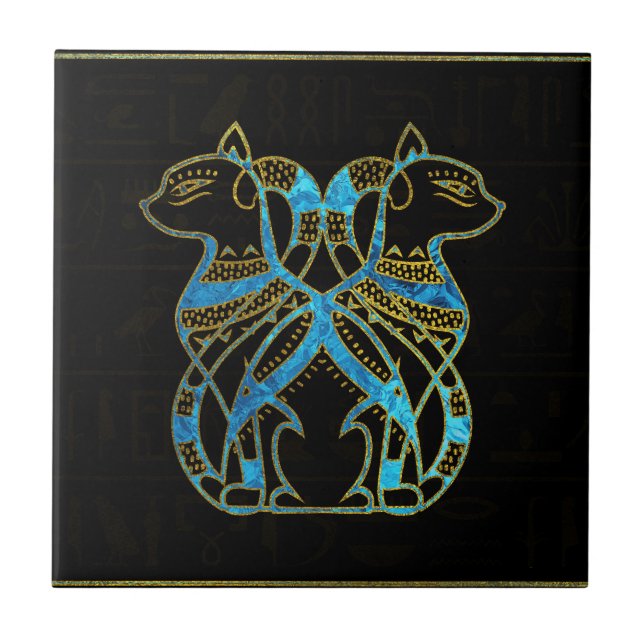 Azulejo De Cerâmica Ouro dos gatos egípcios e vitral azul (Frente)