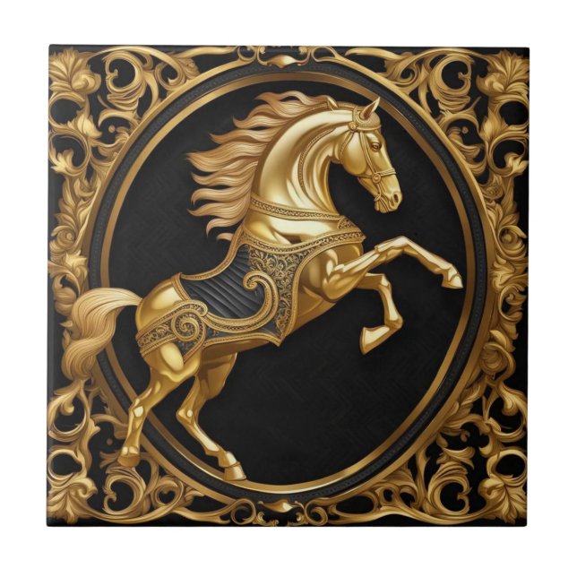 Azulejo De Cerâmica Ouro Dourado de cavalo e armação ornamental negra (Frente)