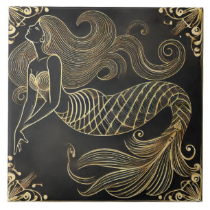 Azulejo De Cerâmica Ouro Graceful Mermaid Art Deco