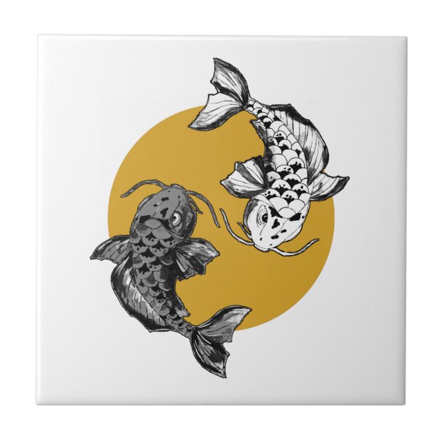 Azulejo De Cerâmica Ouro japonês Sun Koi Carps (Frente)