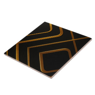 Azulejo De Cerâmica Ouro Líquido Preto Monocromático Geométrico Cozinh