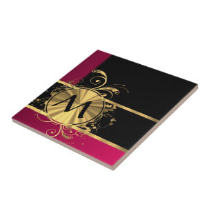 Azulejo De Cerâmica Ouro magenta e monograma negro