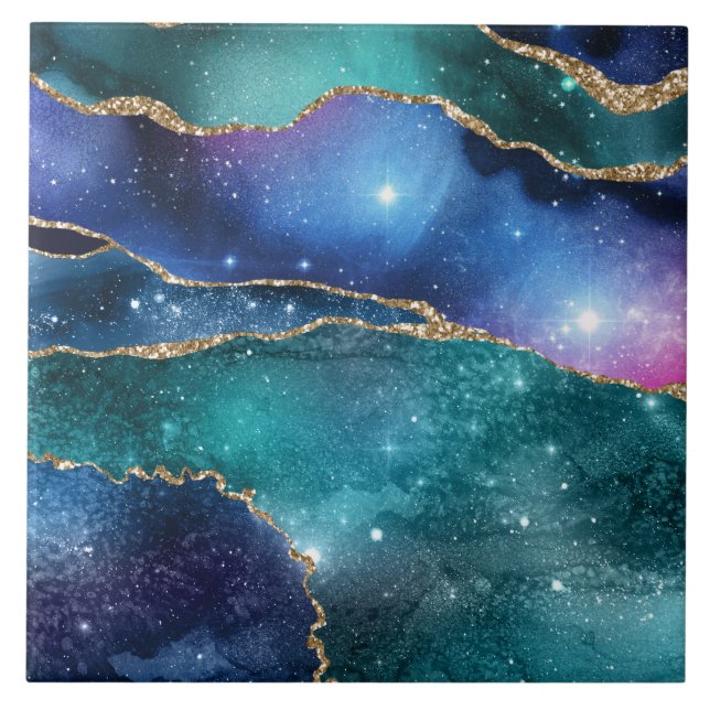 Azulejo De Cerâmica Ouro moderno de galáxias geodo azul verde (Frente)