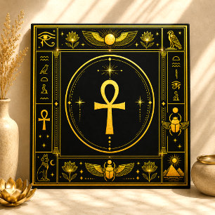 Azulejo De Cerâmica Ouro Preto Ankh Símbolo Egípcio Decoração Espiritu