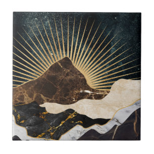 Azulejo De Cerâmica Ouro Sunrise Sobre Montanhas Marble E Céu Estrelad