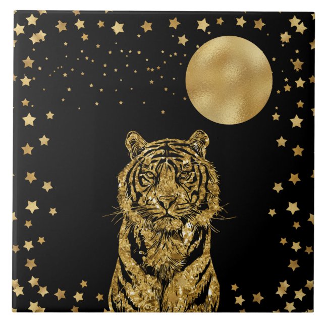 Azulejo De Cerâmica Ouro Tiger Stars e Lua em Preto (Frente)
