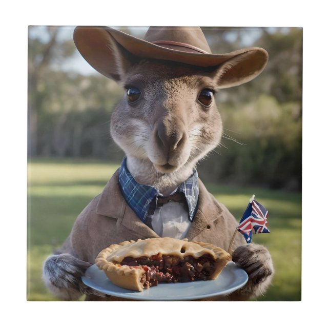 Azulejo De Cerâmica "Outback Delight: Um Canguru come carne Aussie (Frente)