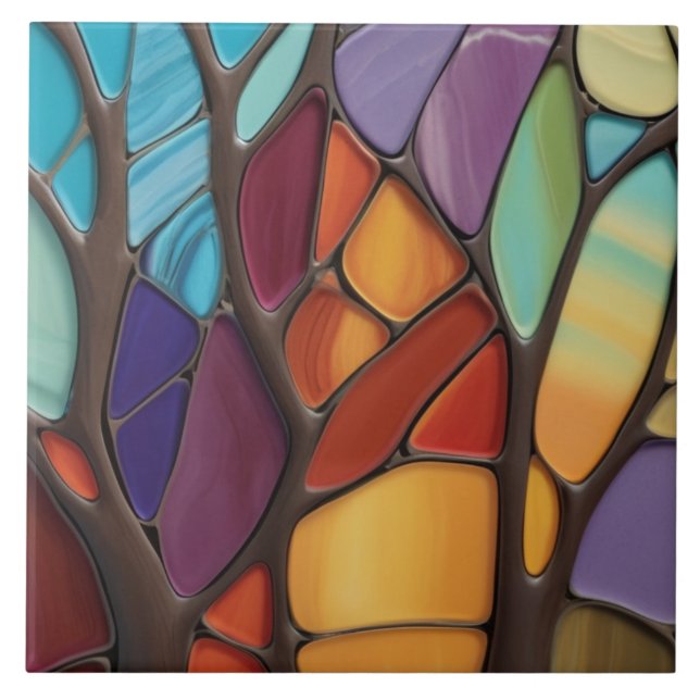 Azulejo De Cerâmica Outono - Faux Staink Glass Mosaic Abstrato Art (Frente)