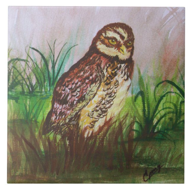 Azulejo De Cerâmica Owl in nature watercolor art (Frente)