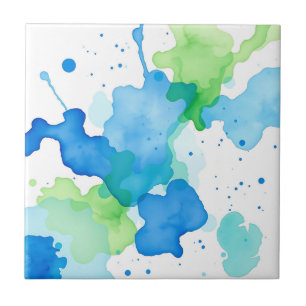 Azulejo De Cerâmica Padrão Abstrato de Aquarela Azul Verde
