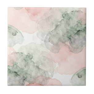 Azulejo De Cerâmica Padrão Abstrato de Aquarela em Rosa Suave e Verde