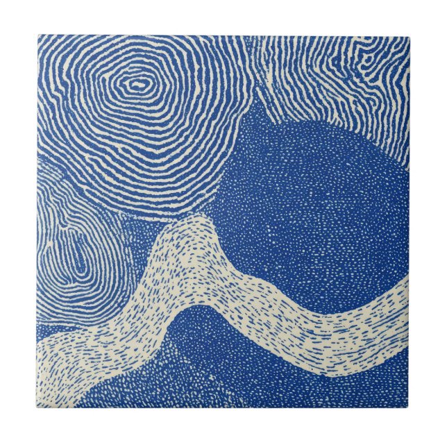 Azulejo De Cerâmica Padrão Abstrato de Onda em Madeira Azul Branco (Frente)