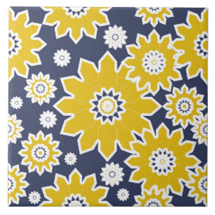Azulejo De Cerâmica padrão abstrato floral, amarelo, branco, azul