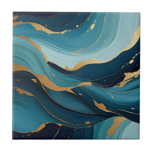 Azulejo De Cerâmica Padrão Abstrato Fluido Ouro Verde-Marinho de Luxo