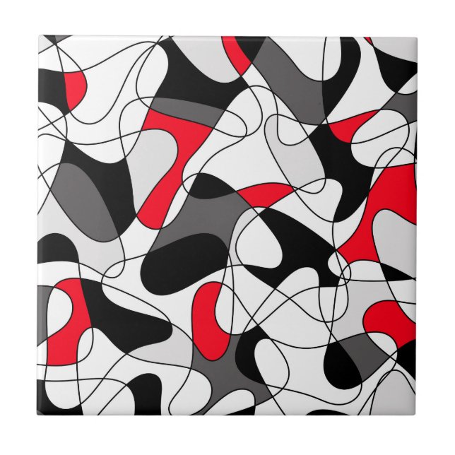 Azulejo De Cerâmica Padrão abstrato - vermelho, cinza, preto e branco. (Frente)
