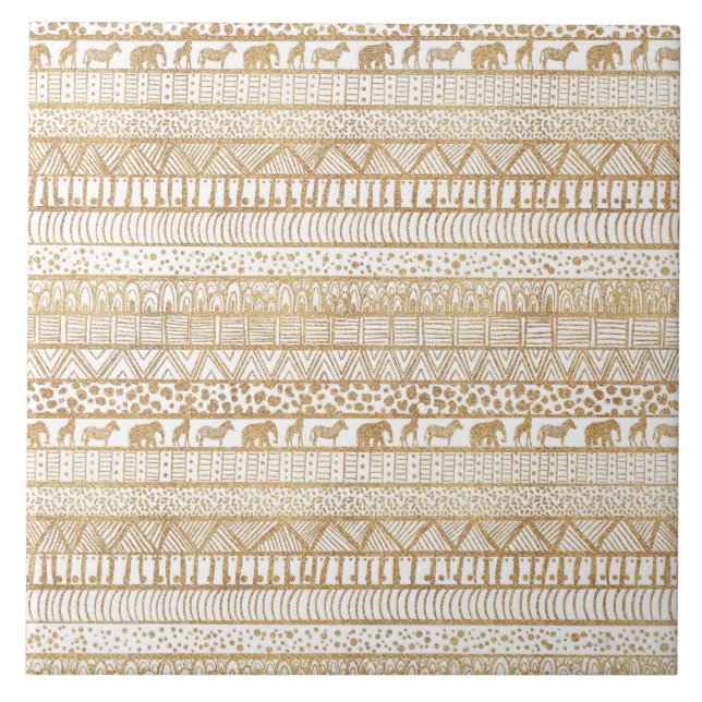 Azulejo De Cerâmica Padrão Africano Dourado Tribal Trendy White (Frente)