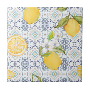 Azulejo De Cerâmica Padrão Aquarela de Limão Siciliano com Azul Ornate