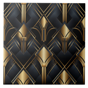 Azulejo De Cerâmica Padrão Art Déco, efeito metálico, preto e dourado