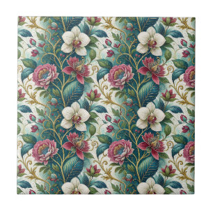 Azulejo De Cerâmica Padrão Artístico de Flores Botânicas Elegantes em
