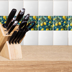Azulejo De Cerâmica Padrão Azul Amarelo Aquarela de Limão Mediterrâneo