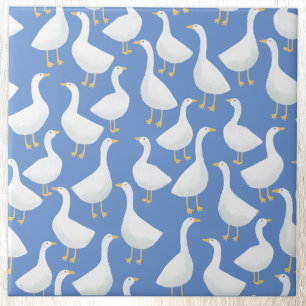 Azulejo De Cerâmica Padrão Azul Cottagecore de Ganso Branco Excêntrico