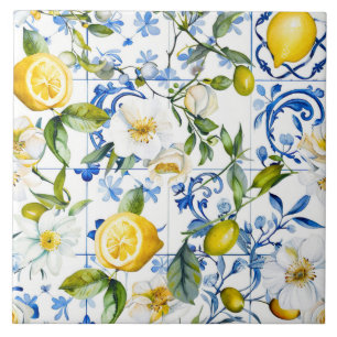 Azulejo De Cerâmica Padrão Azul de Aquarela Mediterrâneo e Citrino