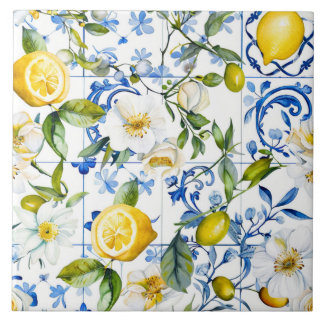 Azulejo De Cerâmica Padrão Azul de Aquarela Mediterrâneo e Citrino