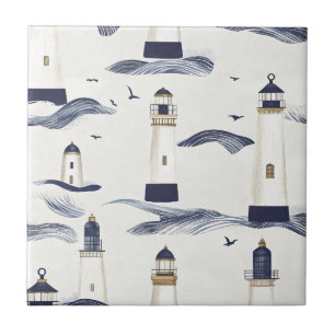 Azulejo De Cerâmica Padrão Azul de Farol Náutico Costeiro