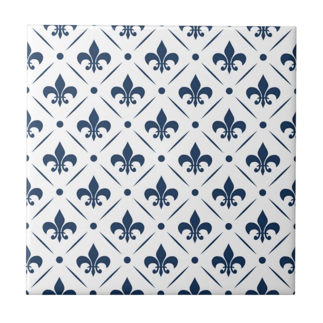 Azulejo De Cerâmica Padrão azul escuro Fleur De Lis sobre fundo branco (Frente)
